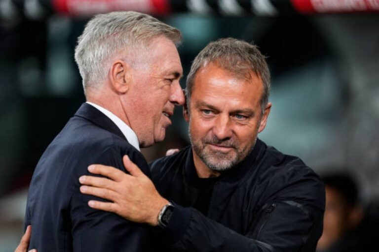hansi flick, barcelona manager and carlo ancelotti